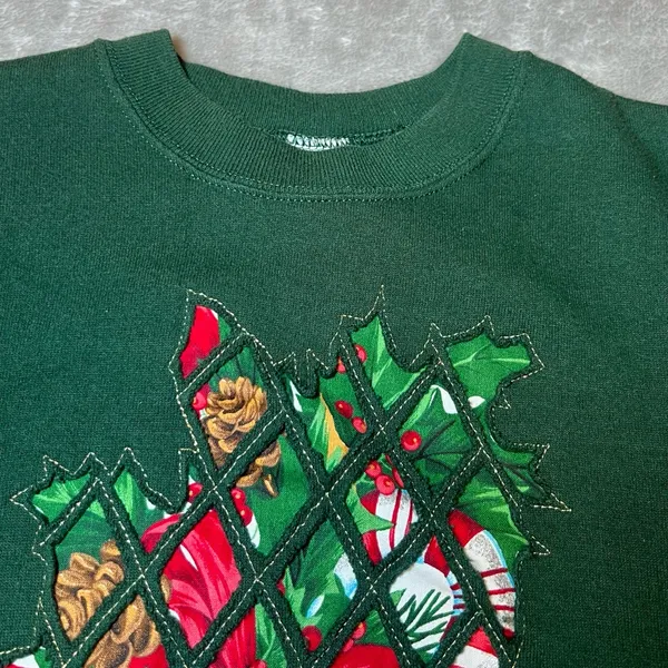 Jerzees Vintage 90s Christmas Sweatshirt Womens‎ Medium Green Crew Neck Festive Cozy - Image 3