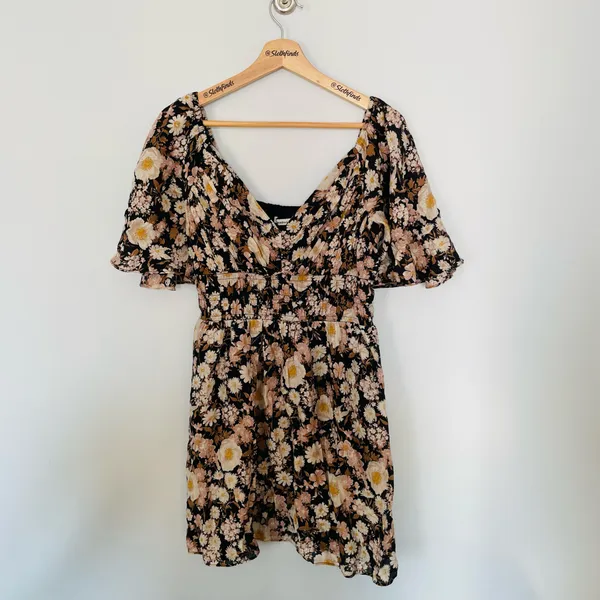 Abercrombie & Fitch Off The Shoulder Black Floral Mini Dress- Size Medium Tall - Image 7