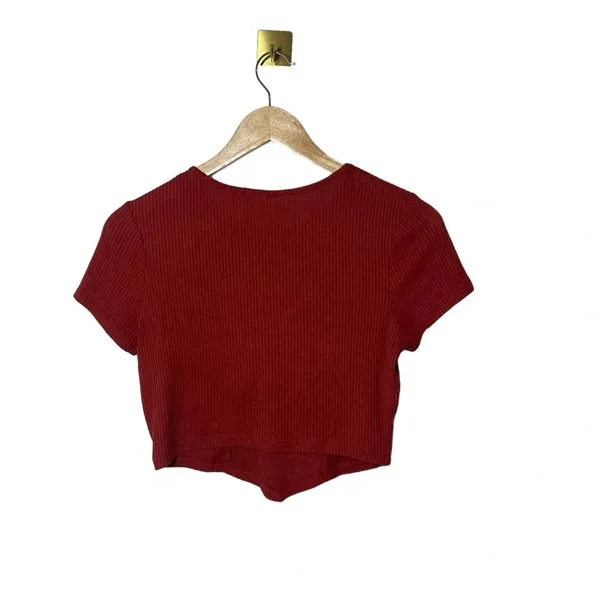 PacSun S Red Ribbed Fitted Crop Top Short Sleeve Baby Tee Rayon Stretch - Image 4