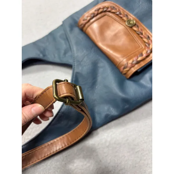Gal Crossbody Bag Women OS Blue Tan Faux Leather‎ Braided Trim Adjustable Strap - Image 11