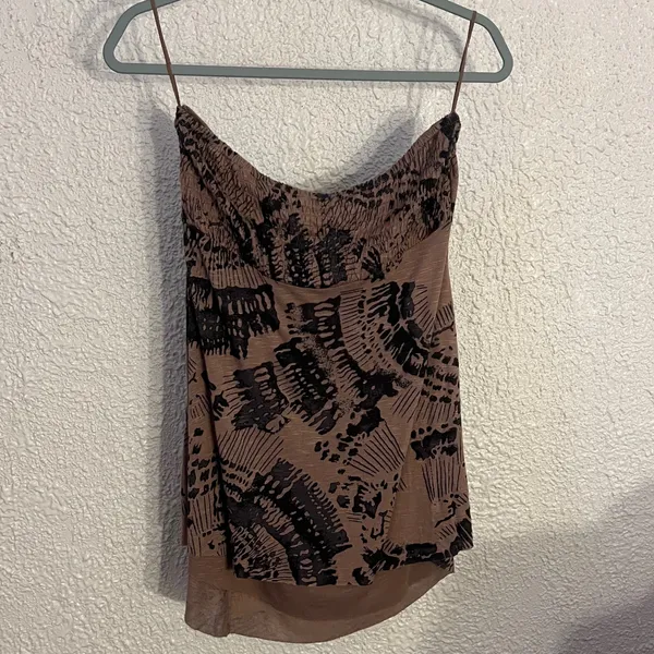 Free People Brown Black Abstract Strapless Tube Top L Y2K Earthy Indie Grunge Smocked Bandeau - Image 2