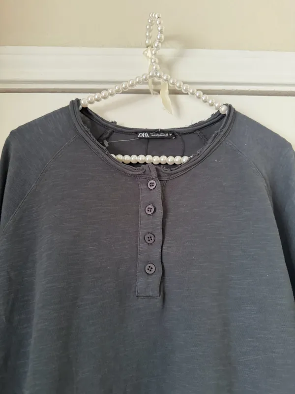 Zara Charcoal Distressed Long Sleeve Quarter Button Down Top - Image 2