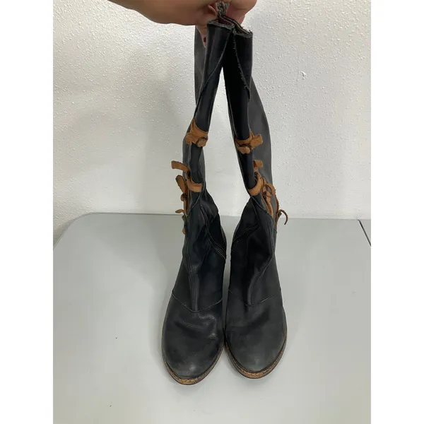 Holding Horses Black Leather Tall Boots Side Tie Boho Block Heel Size 37‎ - Image 2