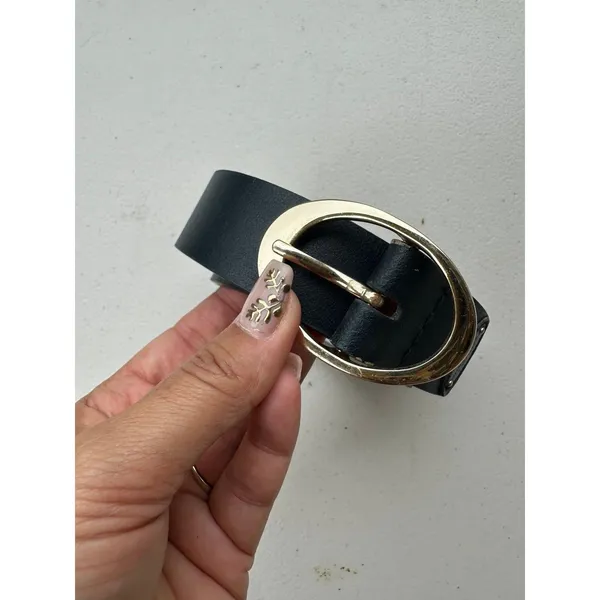 Nine West Women's Black Genuine Leather Gold Oval Buckle Belt S - Image 2