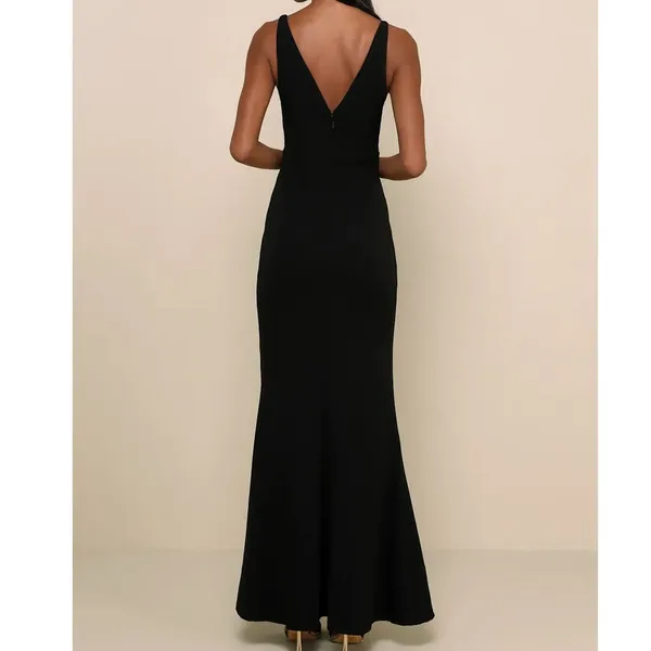 NEW Lulus Melora Black Crepe Bodycon Mermaid Sleeveless Flared Maxi Dress Medium - Image 4