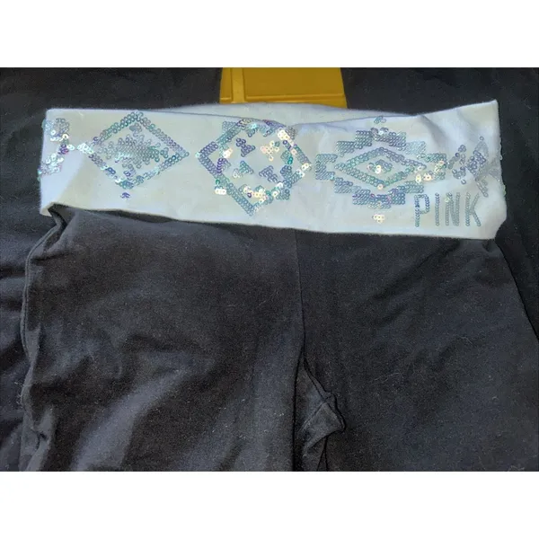 PINK Victorias Secret Yoga Pants Black Flare Sequin Foldover Waist Small Regular - Image 8