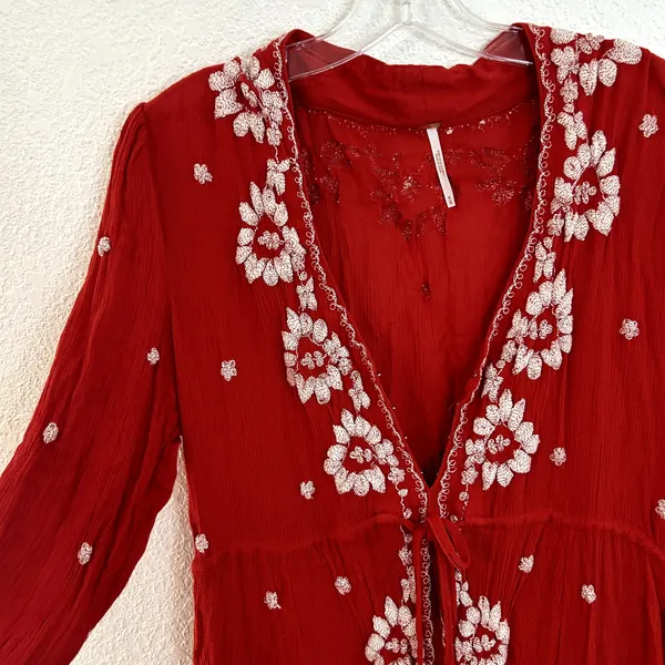 Free People Fabel Embroidered Maxi Dress Womens Size Medium Red White - Image 6
