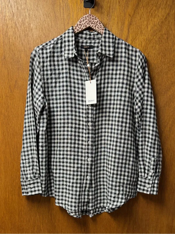 Quince 100% European Linen Long Sleeve Shirt Khaki Black Gingham Small NEW NWT - Image 9