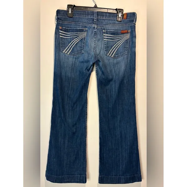 7 FAM Dojo White 7’s On Back Pockets Flare Dark Wash Jeans Size 29 - Image 2