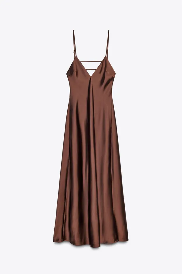 Zara Satin Slip Maxi Dress in Deep Brown Evening Wedding Party - Image 16