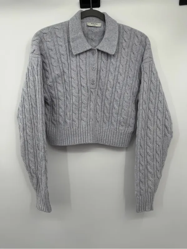 Aritzia Sunday Best Rosebud Polo Sweater S Gray Wool Cable Knit Cropped - Image 2