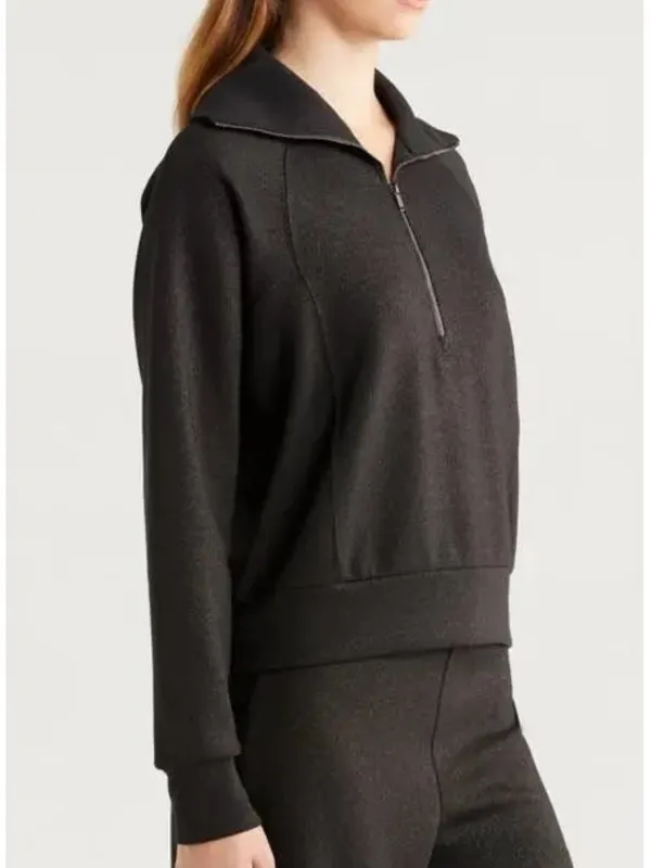 Spanx AirEssentials Half Zip Shimmer Very Black Gunmetal Shine Henley Sweater M - Image 4
