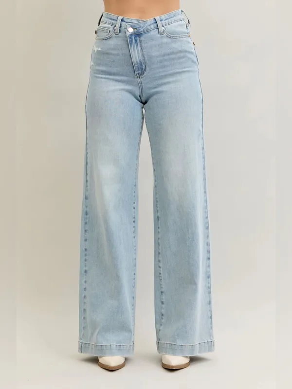 Judy Blue High Waist Retro Wide Leg Criss Cross Mild Destroy Jeans Blue 7/28 - Image 2