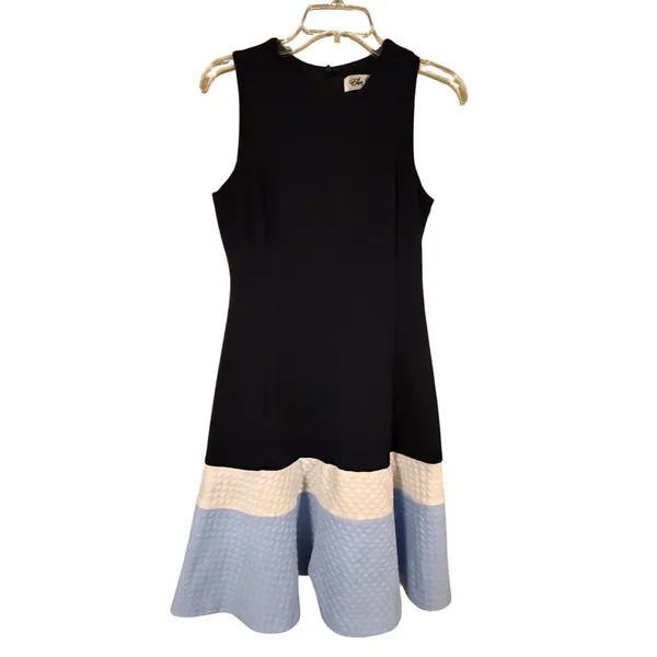 Eliza J Navy‎ Blue Colorblock Textured Honeycomb Fit & Flare Dress Size 6 - Image 6