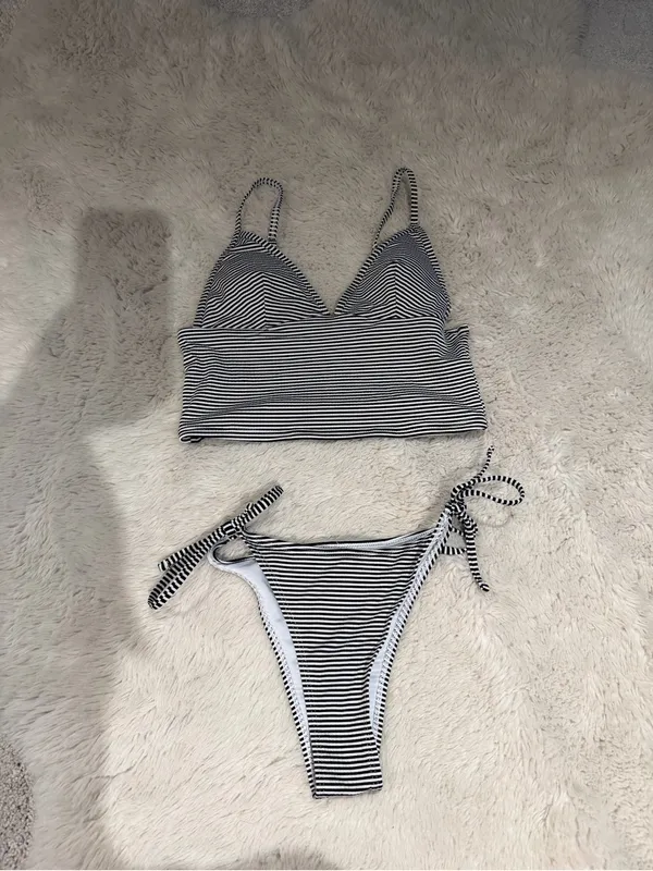 Striped Black and White V-Neck Tank Swim Top - Women Swim - Image 3