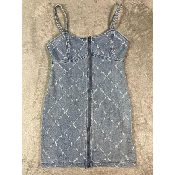 Y2K Denim Bodycon Dress Medium Zip Front Forever 21 Blue Mini Dress - Image 4