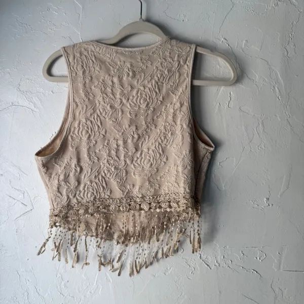 Salanta Textured Floral Crop Top Fringe Lace Boho Cream Size M Boho Festival‎ - Image 4