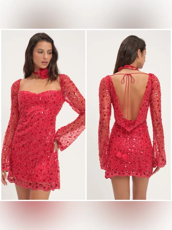 For Love & Lemons Gwendolyn Red Sequin Open Back Mini Dress Women’s Size Medium - Image 2