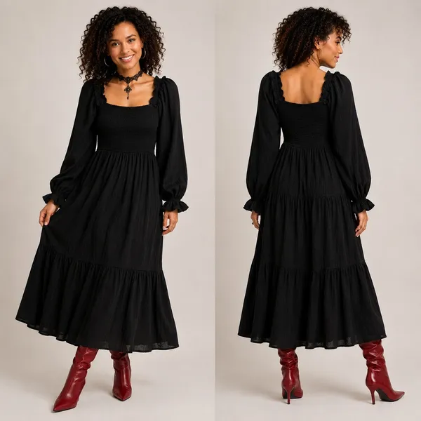 August Sky Smocked Maxi Dress S Black Long Sleeve Square Neck Cottagecore‎ Boho - Image 2