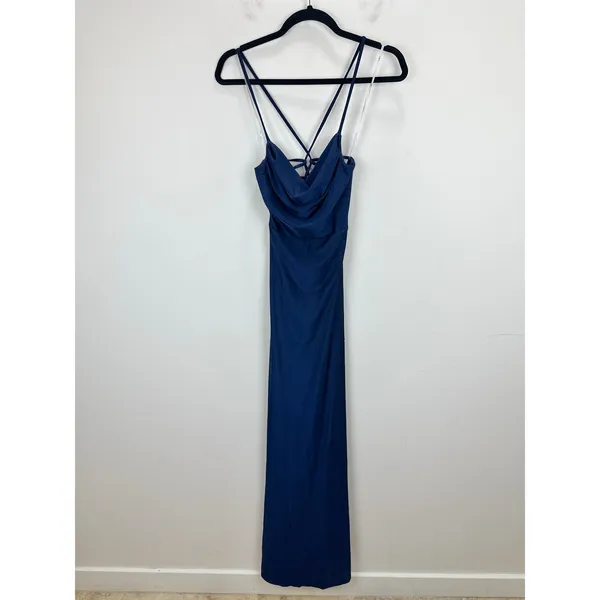 Lulus Iconic Allure Navy Blue Cowl Neck Lace Up Ruched Maxi Dress Stretch XS NWT - Image 5