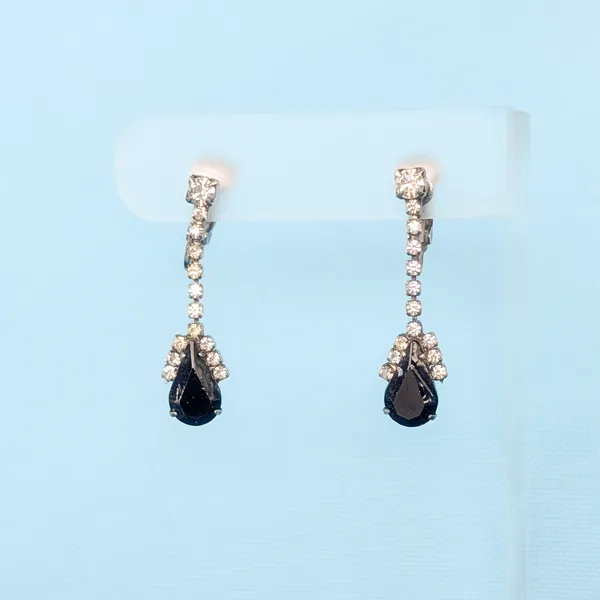 Vintage Clip On Earrings Clear Gems with Black Gem Drop Dangle Regal Stylish - Image 2