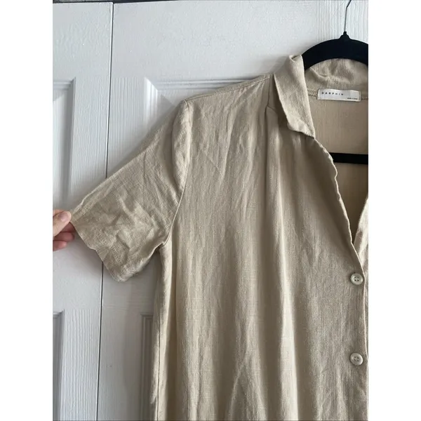 Darphin Ruffle Hem Shirt Dress Womens Size L Tan Linen Blend Button Front Mini - Image 2