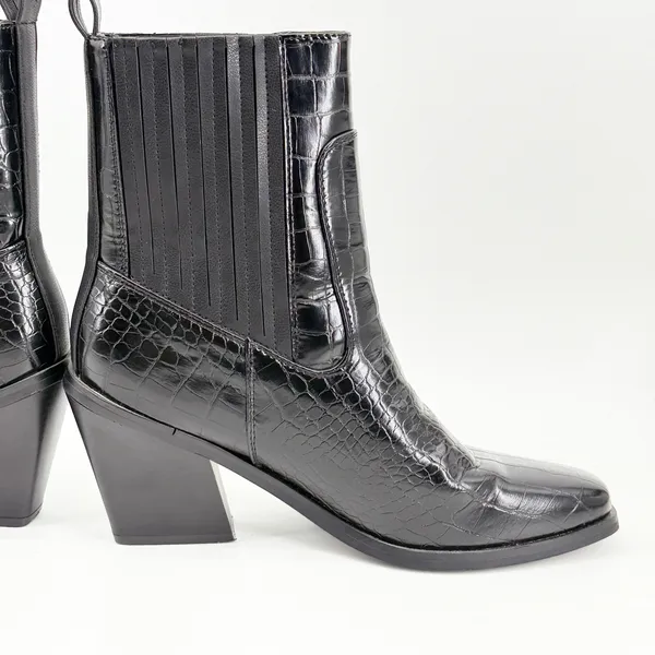 Halston Womens Black Croc Embossed Square Toe Block‎ Heel Chelsea Boots Size 8 - Image 7