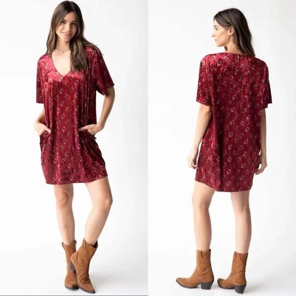 Natural Life Claire Velvet floral Mini Dress V-Neck Cranberry Floral‎ Sz L - Image 2