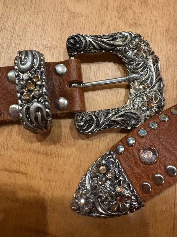 Leather western belt with rhinestones brown sz M 1.5” wide cowgirl - Image 2