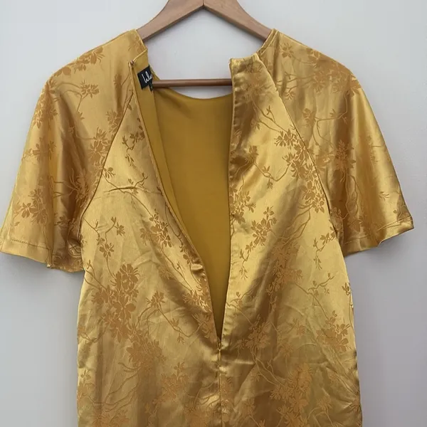 Lulus Blossom Golden Yellow Floral Jacquard Shift Dress‎ Lightweight Satin Sz S - Image 8