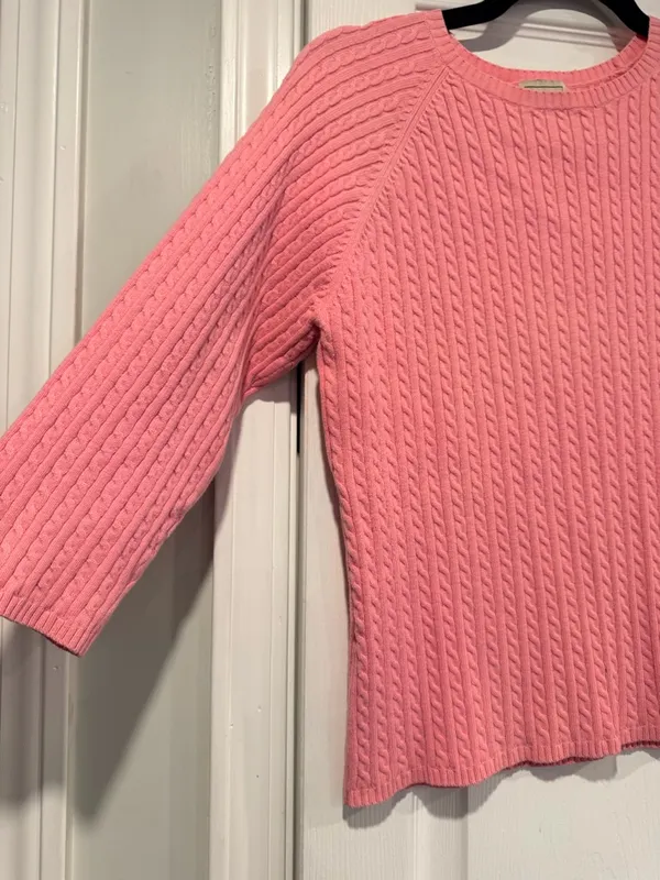 L.L. Bean Size L Pink Crew Neck Cable Knit 3/4 Sleeve Cotton Pullover Sweater - Image 5