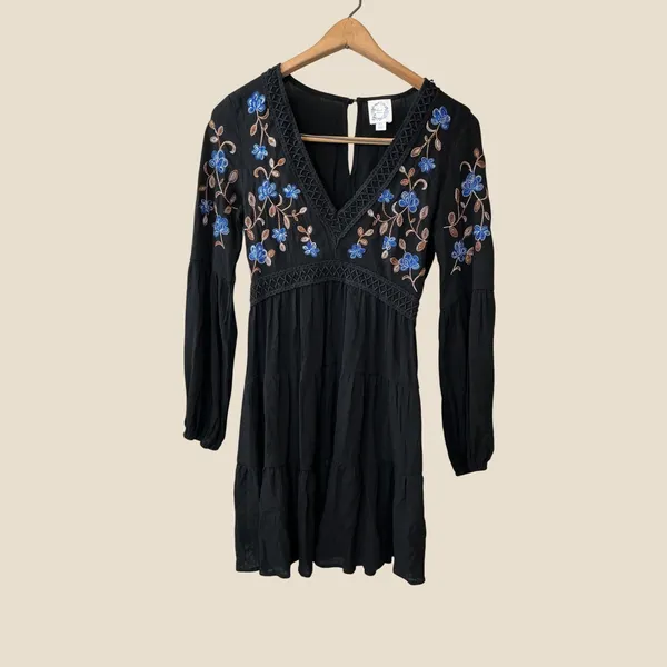 Blue Rain Black Floral Embroidered‎ Boho Tiered Mini Dress XS WS50897 - Image 2
