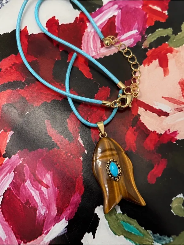 Revolve x Adina Eden Tiger's Eye Fish Pendant Faux Leather Rope Necklace - Image 2