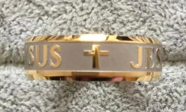 New Stainless Steel 8mm Jesus Gold Tone Band Ring Christian Cross Jewelry sz 8 - Image 5