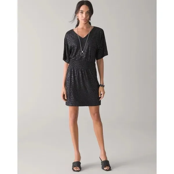 White House | Black Market NWT!! Kimono Sleeve Smocked Waist Dress Leopard Foil Mini Animal X-Small - Image 4