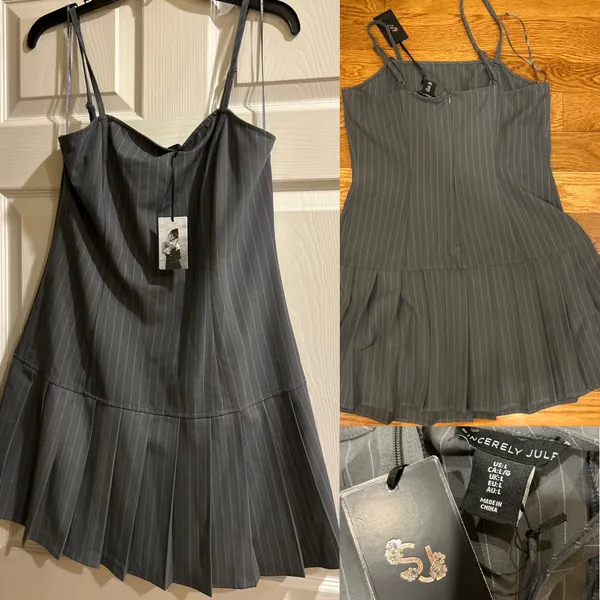Sincerely Jules Pinstripe Pleated Drop-Waist 90s Vintage Aesthetic Mini Dress L - Image 5