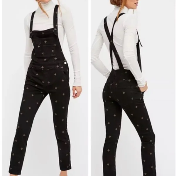 Free People Embroidered Star Skinny Overalls‎ in Washed Black Gold Size 25 - Image 2