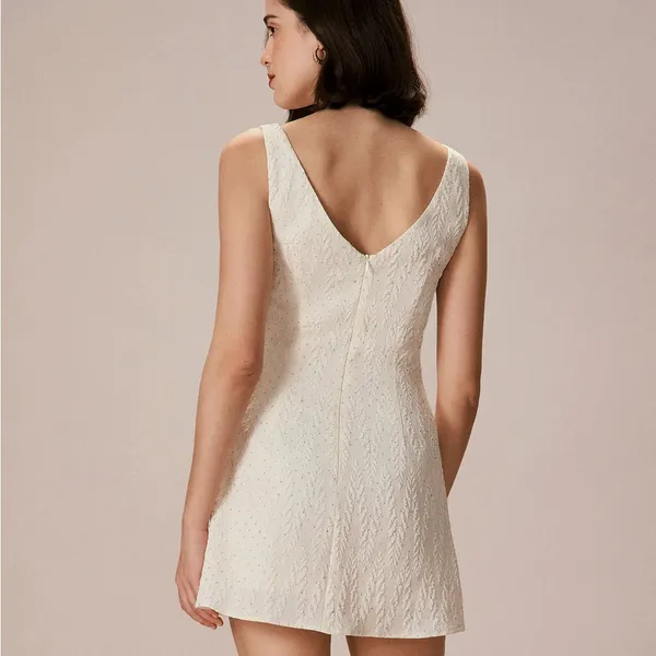 RIHOAS The Beige Boat Neck Textured Mini Dress - Image 3