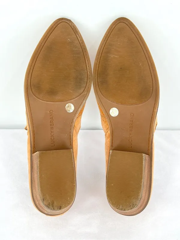 Lucky Brand Mahzam Camel Tan Leather Cutout Pointed Toe Stacked Heel Booties 9M - Image 7