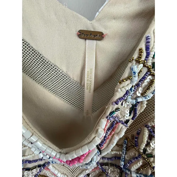 Free People Cream & Pink Sleeveless Beaded Sleeveless Shift Dress - Size - Small - Image 6