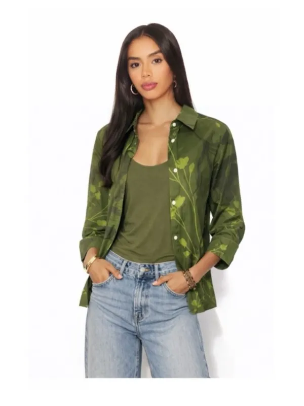 NWT Revolve x Perlavera Cindy Jacquard Khaki Printed Three Quarter Sleeve Shirt - Image 4