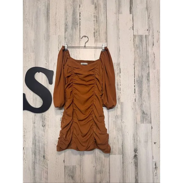Abercrombie & Fitch Brown Ruched Mini Dress Puff Sleeve Bodycon Dress XXSP - Image 2