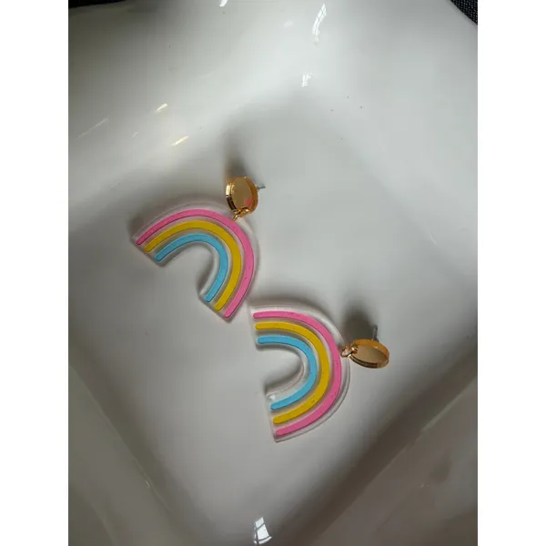 Pastel Rainbow Acrylic Dangle Earrings Pink Yellow Blue Statement Earrings - Image 3