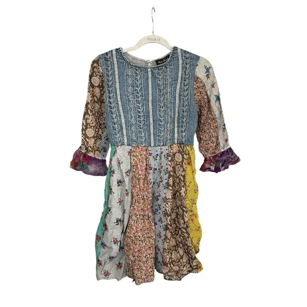 Young Threads Boho Dress Small Embroidered Grey Patchwork Mini Western Hippie - Image 2