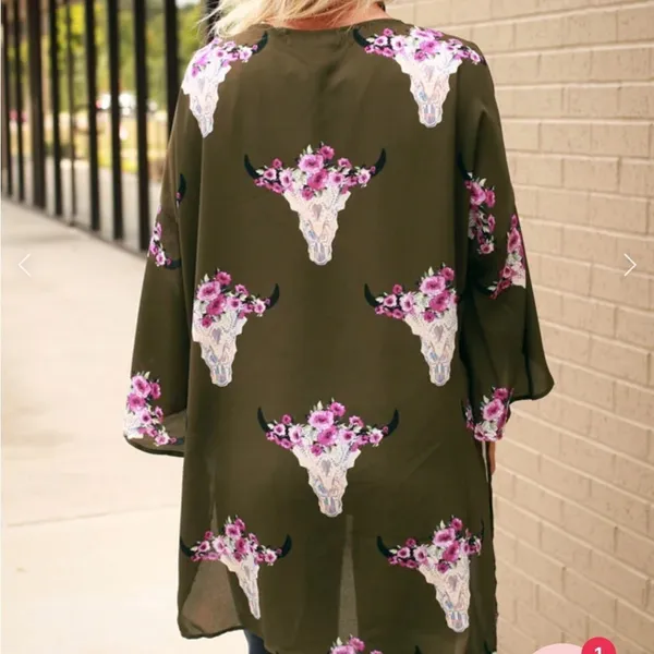 PEACH Love green Texas longhorn floral print kimono size small - Image 3