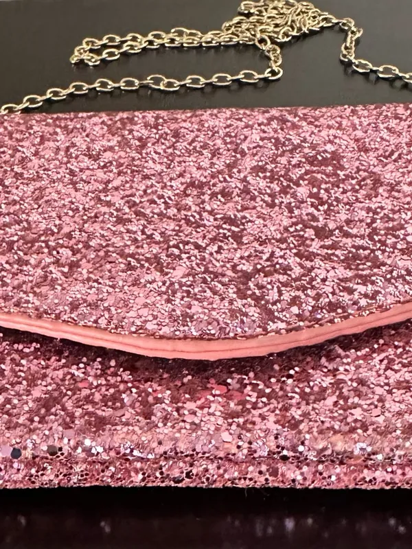 Pink Glitter Envelope Clutch with Gold Plated Chain - Image 10