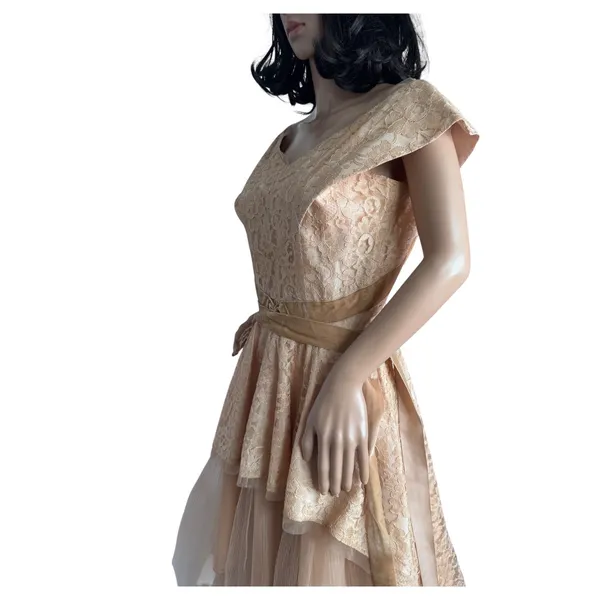 Vintage 1950s 1960s Handmade Champagne Lace Tulle Party Dress XS - Image 10