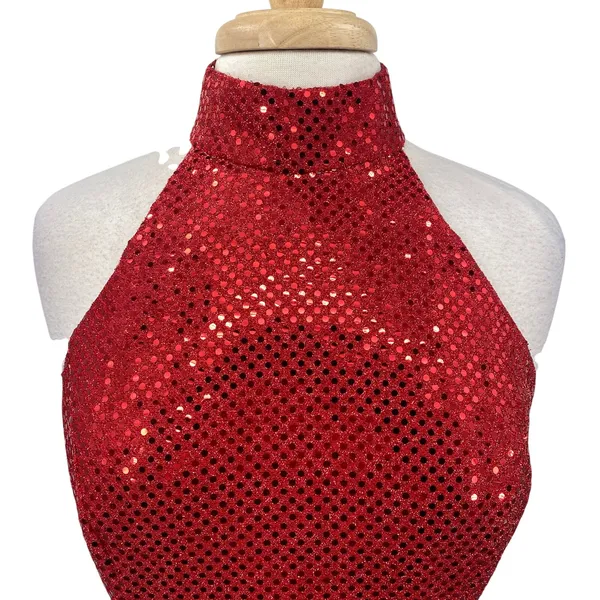 Vintage 90s Sequined High Neck Gown Open Back Maxi Dress Red Womens 8 - Image 5