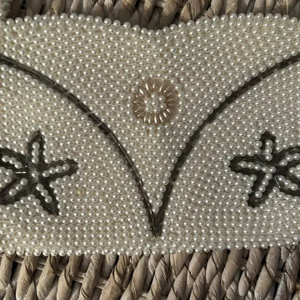Vintage Purse White Beaded with Satin Lining Art Deco Small Zip‎ Closure Star - Image 5