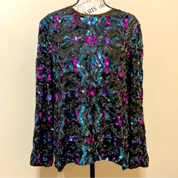 Vintage Art Deco 100% Silk Sequin & Beaded Top M - Image 3